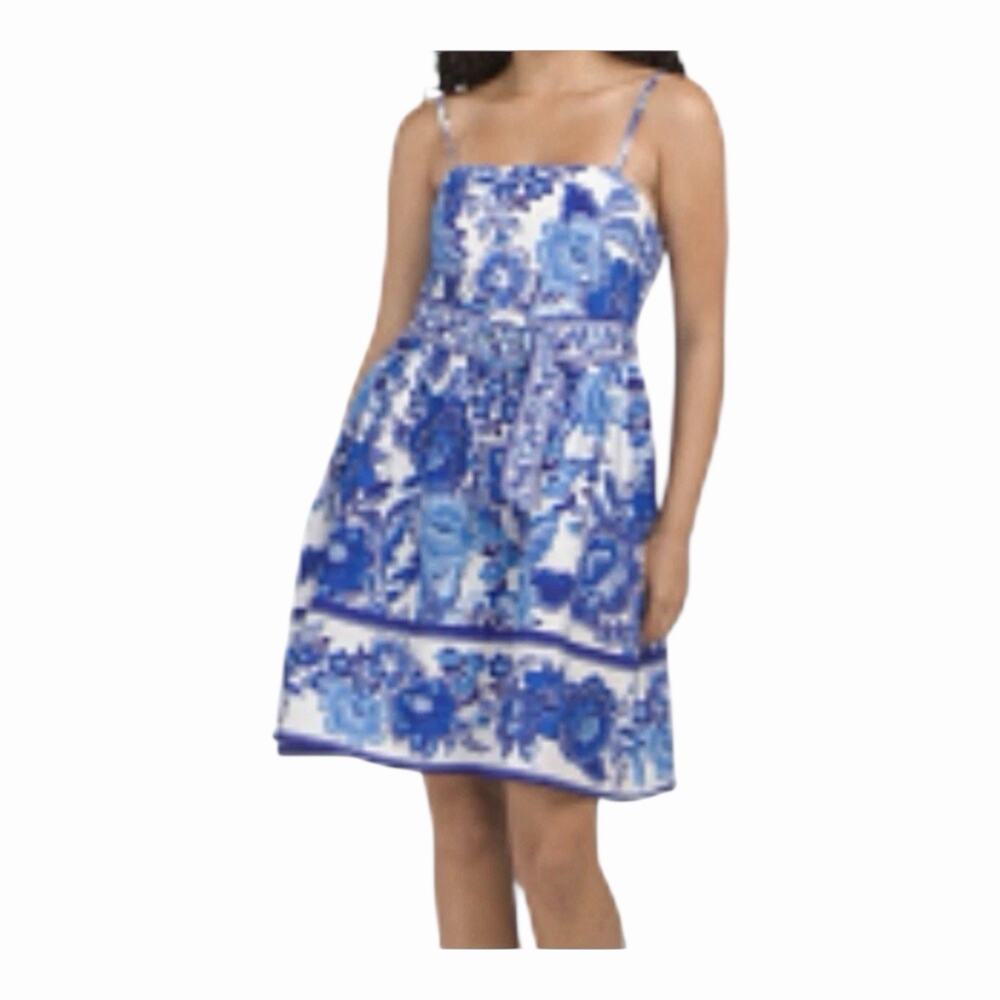 Vintage Cynthia Rowley NWT Blue White Floral Cotton Sundress Belt Fit Flare SM